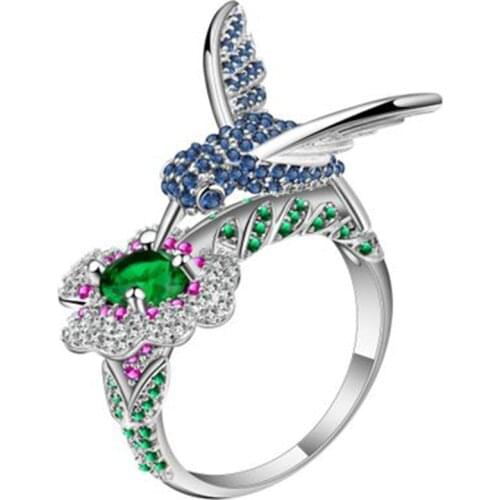 Milangirl Fashion Romantic Womens Crystal Rhinestones Bird Flower Ring Wedding Engagement Jewelry