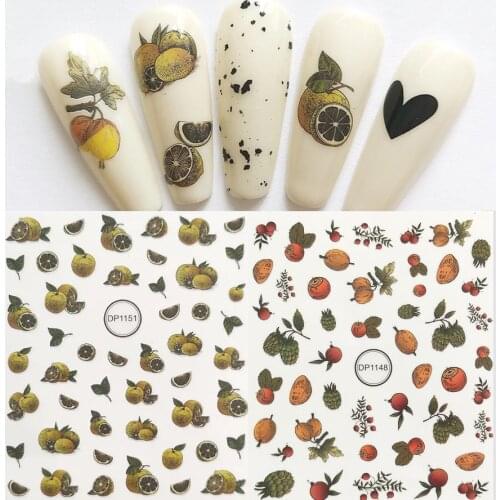1pcs Fruits Lemon Nail Stickers 3D Adhesive Sliders Summer Marine Life New Design Decor Decals plants flower juice pattern