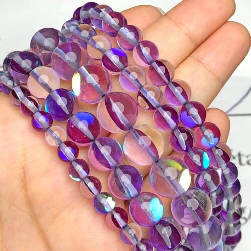 Natural Purple Austrian Crystal Glitter Stone Bead Round Flash Moonstone Beads For Jewelry Making Diy Charm Bracelet 6 8 10 12mm