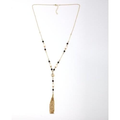 2017 New Shell stone black wood beads necklace alloy bar pendant tassel necklace for women
