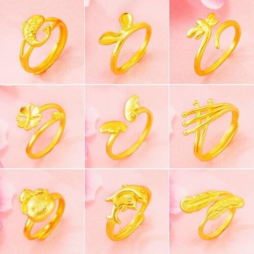 New 24K Gold Rings for Women Leave Flower Wings Cat Elephant Engagement Rings for Women Dolphins Love Wedding Rings Jewelry
