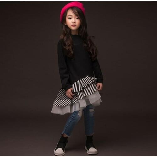 New Autumn Baby Girls Dress Long Sleeved Childrens Stripe Dress Cotton Ruffles Patchwork Kids Fashion Dress,#3124