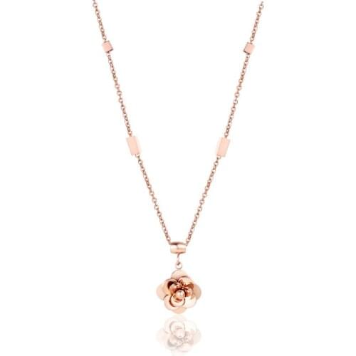 Hot Classic Beautiful Bloom Flower Pendant Necklace Top Quality Stainless Steel Rose Gold Color Brand Necklace Jewelry For Women