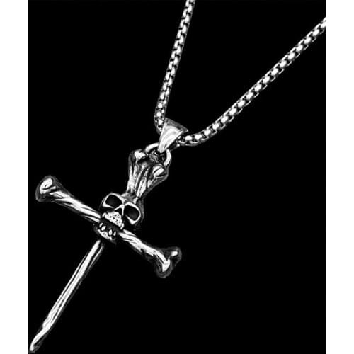 Retro Broken Damaged Cross Skull Pendant Necklace Mens Fashion Biker Rock Punk Jewelry Antique Chain Party gift OSDZ077
