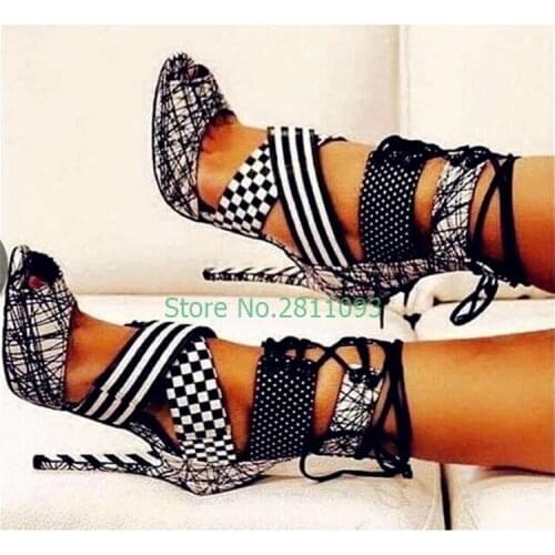 Gladiator Stiletto High Heel Sandals Peep Toe Tie Up Cut Out Rome Summer Shoes White Black Mixed Narrow Strap Runway Ladies Shoe