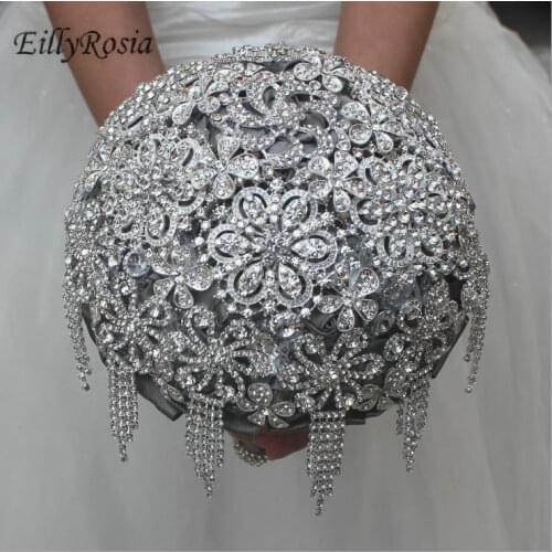 2020 Gray Satin Rose Flowers Crystals Bridal Bouquet Wedding Flowers Tassel Rhinestones Jewelry Luxury Bouquet Bride Novia