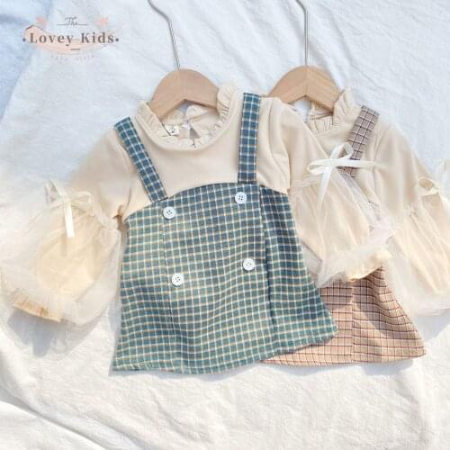 2021 Spring Baby Girl Dress Sweet Puff Sleeve Mesh Patchwork Long Sleeve Plaid Overalls Princess Korean Style Sample 1-3Year