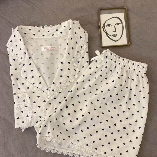 100% Cotton Heart Print Women Pajamas Thin lace Sleepwaer Pyjamas Womens Soft Loose Pajama Set Casual shortSleeve Pijamas Suit