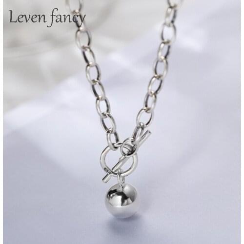 Ball Pendant Necklace Female S925 Sterling Silver Japan Design Harajuku OT Clasp Thick Link Chain Necklaces for Women , 46cm