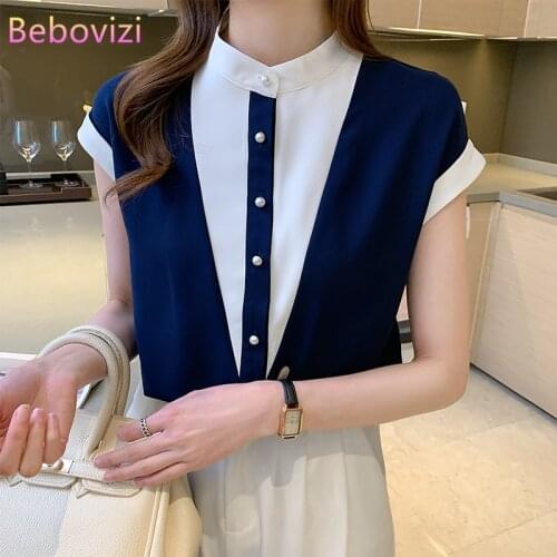 S-XXL 2021 White Blue Color Block Stitching Summer Casual Short Sleeve Women Button Up Tops and Shirts Office Lady Work Clothes