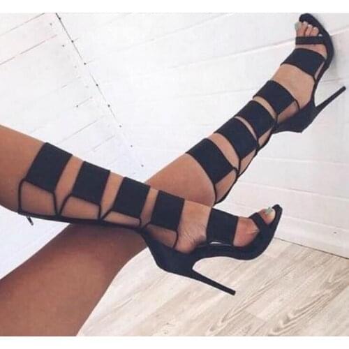 Hot Selling Black Cut-out Knee High Gladiator Sandals Boots For Women High Heel Buckle Summer Dress shoes woman Designer Pumps