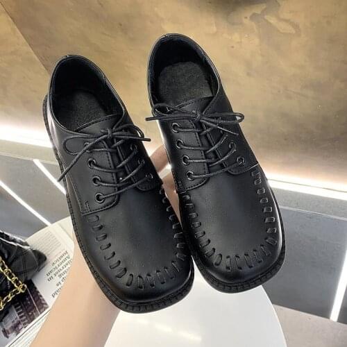 2021 Spring Autumn Women Oxford Shoes Flat on Platform Casual Shoes Black Lace Up Leather Shoes Sewing Round Toe