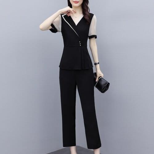 L-5XL Black Spring Autumn Two Piece Sets Outfits Womens Plus Size Tops + Loose Pants 2-piece Set Elegant Office Ol Style Sets