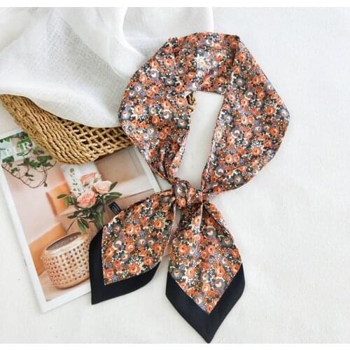 MoriBty Floral Women Skinny Silk Scarf Spring-Autumn Luxury Neckerchief Foulard Hair Ribbon Headscarf Sharp Corner Neck Ties