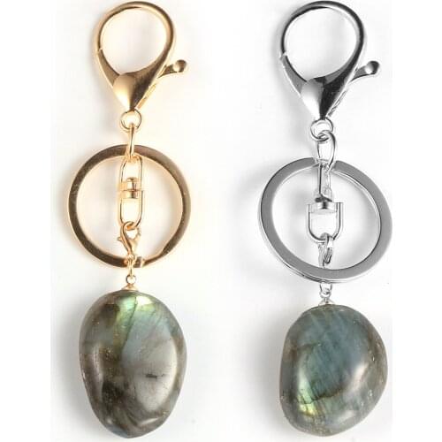 Women Men Natural Gem Moonstone Irregular Labradorite Key Rings Gold Silver Color Key Chain Metal Lobster Clasp Keyring Jewelry