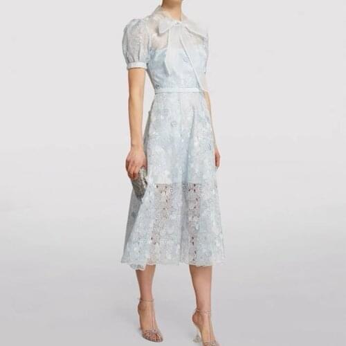 Women Midi Dress Lace V-Neck Bowknot Print Slim Ladies Micro See Through Female Sweet Lantern Sleeve Long Robe Back with Zipper