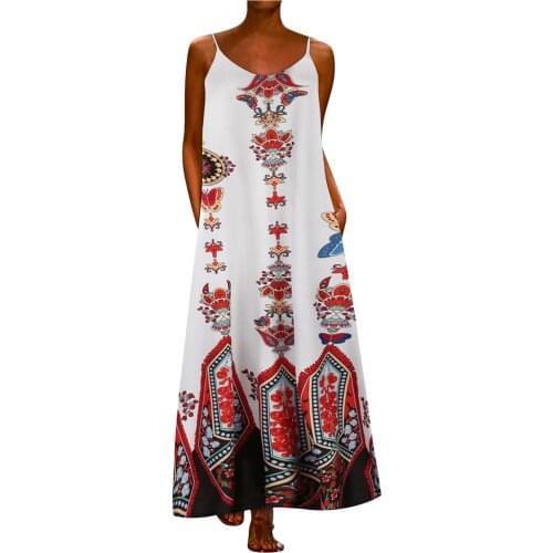 Hillsionly Plus Size Fashion Casual Ethnic Style Sleeveless Printed Dress Womens Sling Long Skirt Loose Elegant Dress For Women