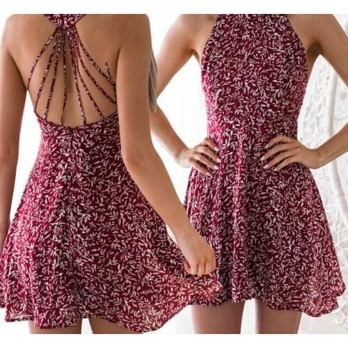 Women Boho Dress Floral Printed Halter Backless Sleeveless Hollow Bandage Sundress Slim Mini A Line Leaves Short Vestidos