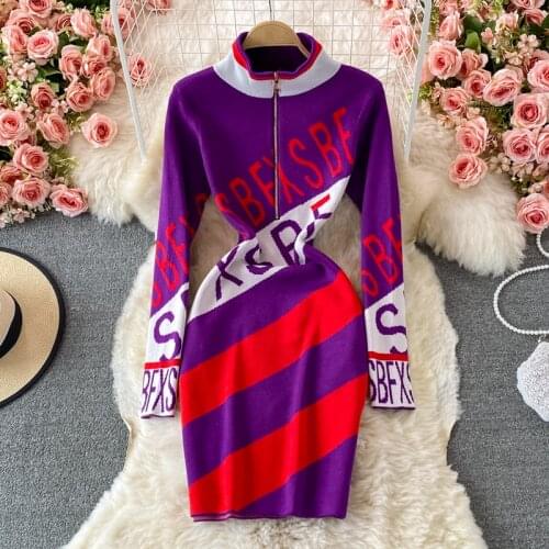 SINGREINY Women Letter Print Knitted Dress Zipper Stand Collar Long Sleeve Slim Dresses Autumn Winter Sexy Bodycon Sweater Dress