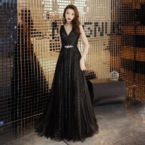 Black Sequins Sexy V-Neck Strap Evening Dress Women Bling Sequins Prom Gown Sexy Maxi Sleeveless Cheongsam Robe de Soiree
