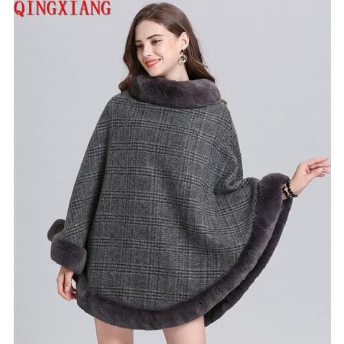 2019 Women Striped Plaid Cape Poncho Winter Faux Fox Fur Out Street wear Knitted Long Sleeve Sweater Plus Size Pullover Fur Coat
