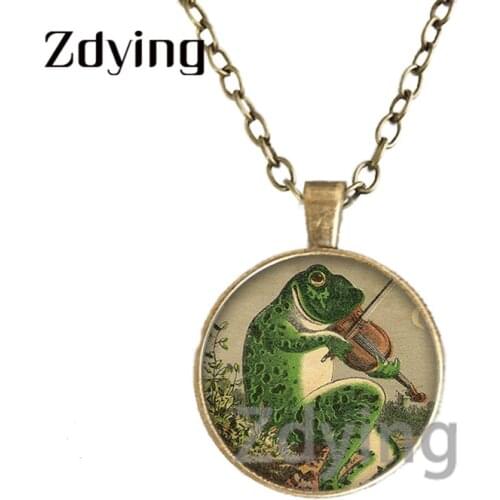 Zdying Vintage Violin And Frog Pendants Necklace Statement Glass Cabochon Animal Photo Dome Charm For Girl KIds Jewelry Q002