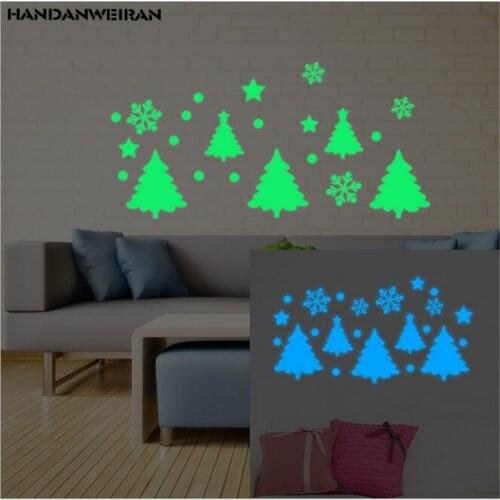 22PCS=1LOT Glowing in the dark Christmas Tree Snowflake Wall Sticker Bedroom Luminous Fluorescent Wall Stickers For Kids Rooms