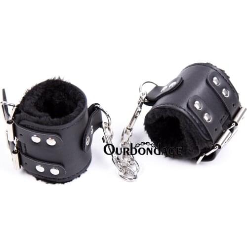 Ourbondage PU Leather Double Strap Inner Plush Fetish Bondage Flirting Wrist Ankle Cuffs With Hook For Adult Beginner Sex Toy