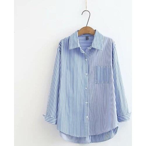 Plus Size Womens Striped Blouses Officewear Long Sleeved Spring Summer Patchwork Blusas OL Oversized Tops