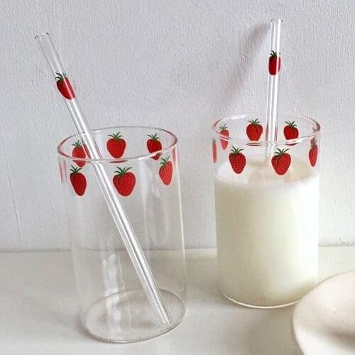 300ml Strawberry Lovely Glass with Straw Creative Transparent Water Cup Student Milk Heat-resistant Glass Spoon Cup with Straw