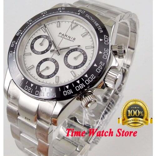 Solid 39mm PARNIS white Quartz wrist watch men waterproof steel 24 hours Chronograph white dial luminous sapphire 1177