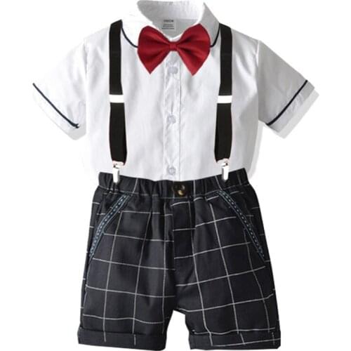 Kids Boys Gentleman Clothing Suits Shirt Bowtie+Suspender Shorts Sets Toddler Boys Clothes Wedding Party Birthday Clothes
