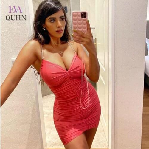 EvaQueen Solid Diamond Glitter Mini Dress For Women Spaghetti Strap Soft Bodycon Dresses Backless High Waist Sexy Party Vestidos