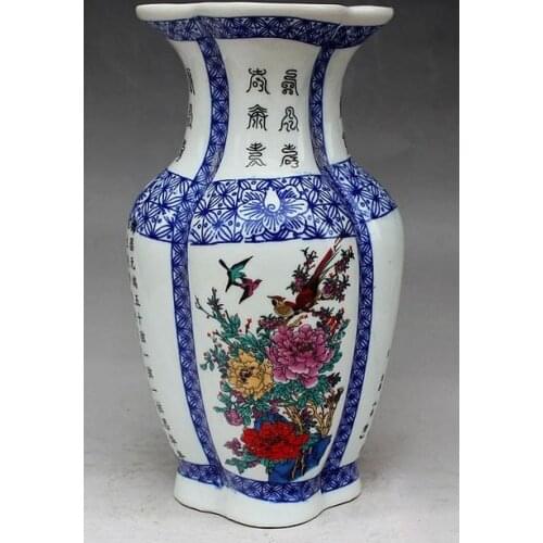 Exquisito chino antiguo hecho a mano porcelana azul y blanca flores coloridas y pájaros Florero de adorno favorable
