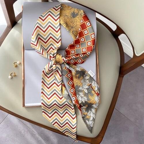 KOI LEAPING Aesthetic printing long silk scarf female multi-function decorative scarf headband tie wrist strap bag belt