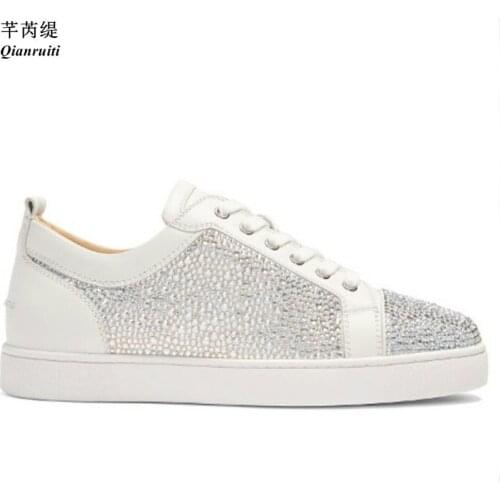 Qianruiti Chaussures Hommes Men Luxury Crystal Sneakers Platform Rubber Sole Flats Lace Up Casual Shoes Prom Dress Shoes Men
