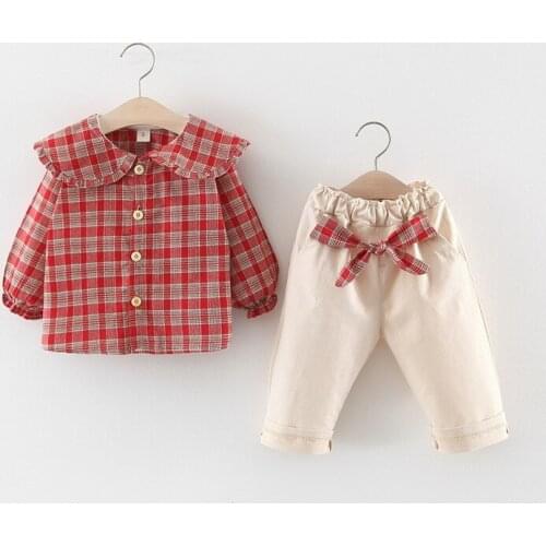 Fashion Girls Fall Outfits Kids Costume Clothes Outfit Sets Korean Clothes Long Sleeve Plaid Blouse + White Jeans Set for Girls