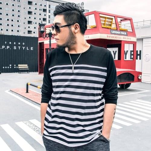 GXXH Mens Plus Size T Shirt Spring Autumn Long Sleeve Striped Patckwork Men Clothing Casual Oversized Top Tee Shirt Black White