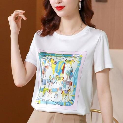 Summer New Womens T-Shirt Short Sleeve Print Patchwork Satin Short Sleeve T-Shirt White O-Neck 2021 summer plus size