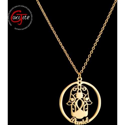 Goxijite Custom Name Necklace With Fatima Hand For Women Men Personalized Stainless Steel Nameplate Necklace Blessing Gift