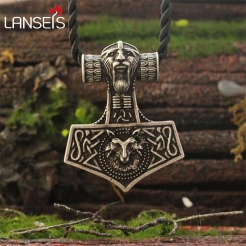 Lanseis10pc Viking fox necklace Thors Hammer Mjolnir Pendant Lge Odins Norse Fox men amulet jewelry