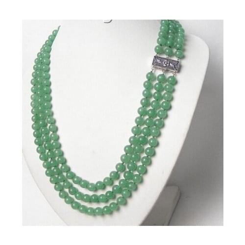 New hot 3row 8mm 100% nature round green jade necklace