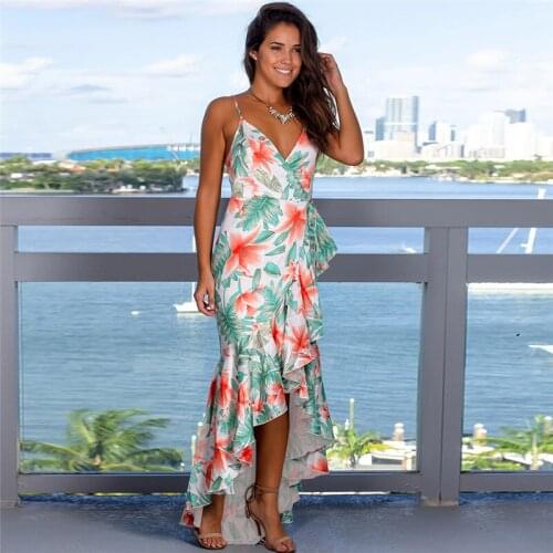 Summer Boho Floral Printed Long Dress Ladies High Waist V-Neck Spaghetti Strap Ruffle Asymmetric Sundress Women Casual Beach XXL