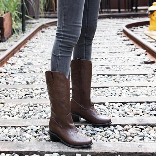 PXELENA Sewing Cowboy Mid Calf Boots Women 2019 Winter Block Chunky Med Heels Slip On Western Knight Riding Boots Female Shoes