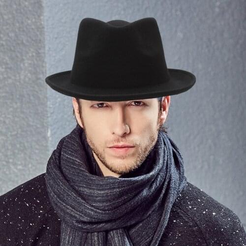 H7221 Fall Winter Mens Wool Fedoras Hat Male Curled Jazz Fedora Cap Adult European American Black Gentlemen Fashion Party Hats