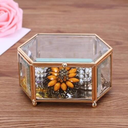 Nordic Hexagonal Transparent Glass Wedding Ring Box Eternal Flower Glass Cover Innovative Home Decoration Ornaments