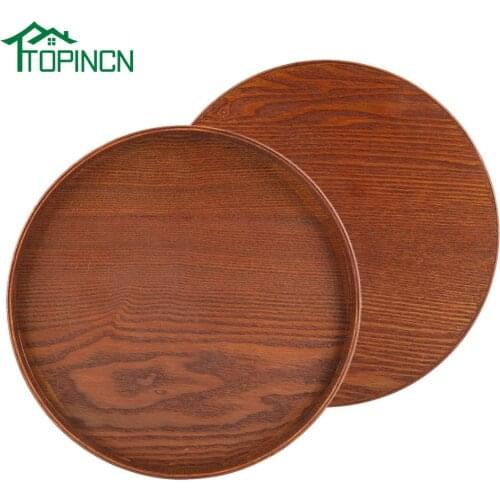 TOPINCN Brown Round Natural Wood Tea Serving Tray Durable Wooden fruit plate Wooden food server Dishes fruit platter