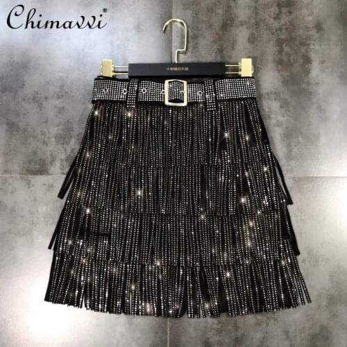 Heavy Rhinestone Tassel Belt Multi-Layer Cake Skirt Women 2021 Summer High Waist Slim Fit Short Skirt Fashion High Street Skirt