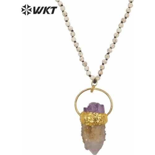 WT-N1245 Newest amazing natural raw spirit quartz stone necklace long white howlite knotted Round ring theme necklace for women