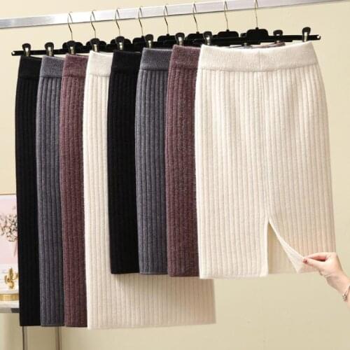 2020 Women Knitted Skirt Autumn Winter Split Sexy Slim Warm Office Skirts Elastic High Waist Pencil Skirt Ribbed Long Skirts